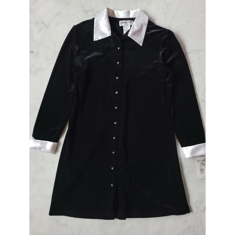 Ronni Nicole Short Dress Black Velvet White Satin Collar Cuffs Button Up NWT 14